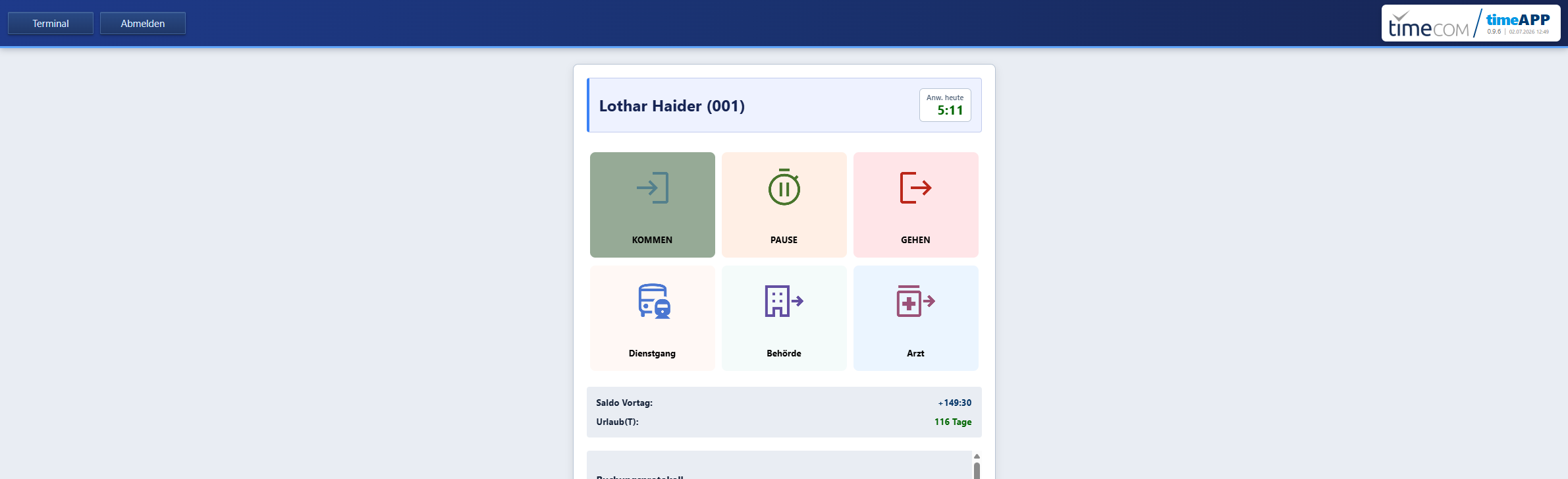 timeCOM time °desk Webterminal: KOMMEN, PAUSE, GEHEN