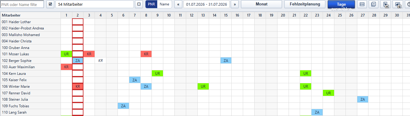 timeCOM time Kalender: Fehlzeitplanung Monat für Teams