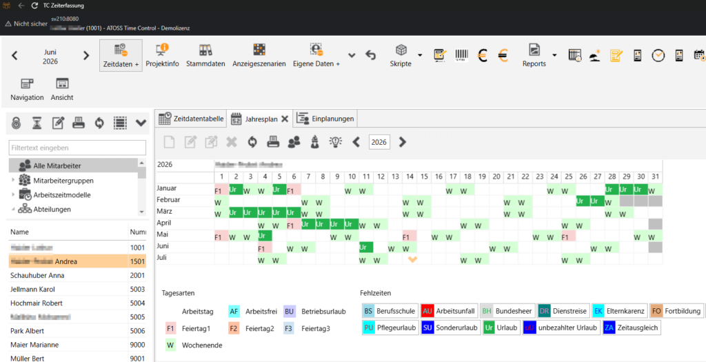 ATOSS Time Control Jahresplan: Fehlzeiten und Arbeitszeiten eines Mitarbeiters über das Jahr